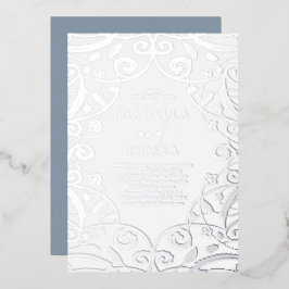 Dusty Blue Silver Foil Floral Lace Wedding Folieneinladung