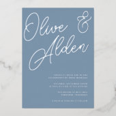 Dusty Blue | Silver Foil Script Wedding Folieneinladung (Vorderseite)