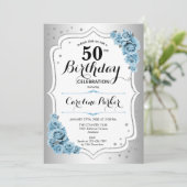 Dusty Blue Silver Foto Elegant 50. Geburtstag Einladung (Stehend Vorderseite)