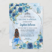 Dusty Blue Silver Glam Floral Prinzessin Quinceañe Einladung (Vorne/Hinten)