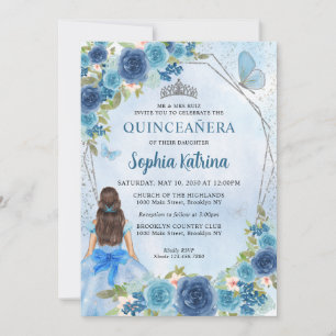 Dusty Blue Silver Glam Floral Prinzessin Quinceañe Einladung