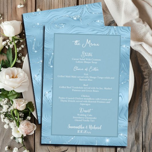 Dusty Blue Silver Glitzer 12x18" Wedding Menu Menükarte
