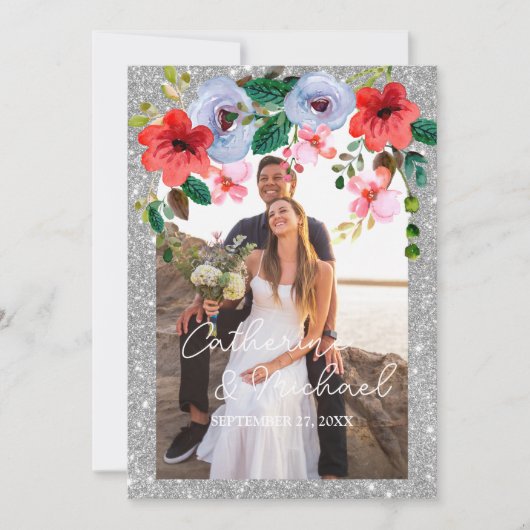 Dusty Blue Silver Glitzer Aquarell Blumenstrauch Dankeskarte (Vorderseite)