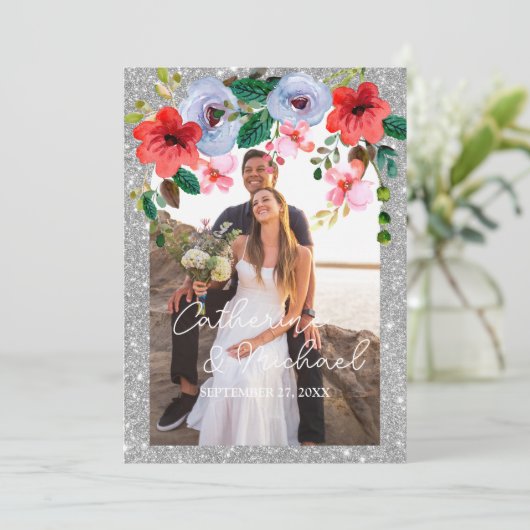 Dusty Blue Silver Glitzer Aquarell Blumenstrauch Dankeskarte (Stehend Vorderseite)