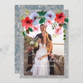 Dusty Blue Silver Glitzer Aquarell Blumenstrauch Dankeskarte