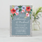 Dusty Blue Silver Glitzer Aquarell Blumenstrauch Einladung (Stehend Vorderseite)