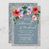 Dusty Blue Silver Glitzer Aquarell Blumenstrauch Einladung (Vorne/Hinten)