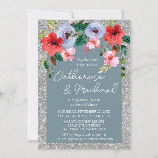 Dusty Blue Silver Glitzer Aquarell Blumenstrauch Einladung (Vorderseite)