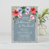 Dusty Blue Silver Glitzer Aquarell Blumenstrauch Einladung (Stehend Vorderseite)