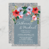Dusty Blue Silver Glitzer Aquarell Blumenstrauch Einladung (Vorne/Hinten)