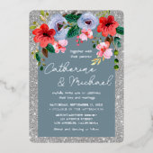 Dusty Blue Silver Glitzer Aquarell Blumenstrauch Folieneinladung (Vorderseite)