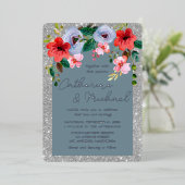 Dusty Blue Silver Glitzer Aquarell Blumenstrauch Folieneinladung (Stehend vorne)