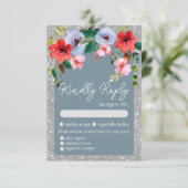 Dusty Blue Silver Glitzer Aquarell Blumenstrauch RSVP Karte (Stehend Vorderseite)