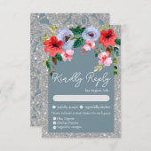 Dusty Blue Silver Glitzer Aquarell Blumenstrauch RSVP Karte (Vorne/Hinten)