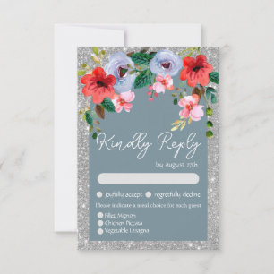 Dusty Blue Silver Glitzer Aquarell Blumenstrauch RSVP Karte