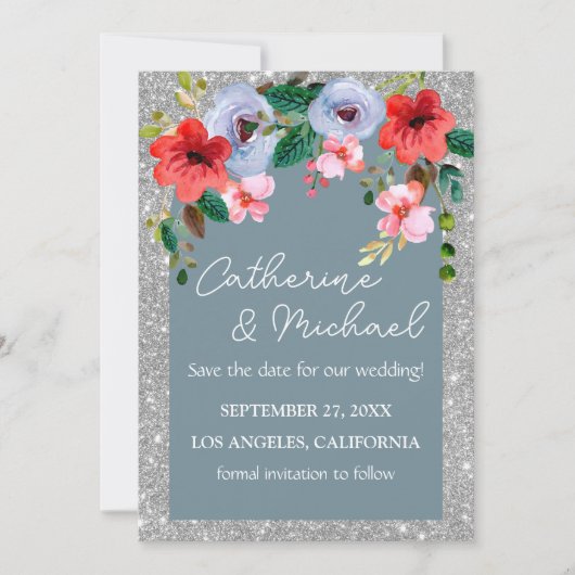 Dusty Blue Silver Glitzer Aquarell Blumenstrauch Save The Date (Vorderseite)