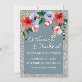 Dusty Blue Silver Glitzer Aquarell Blumenstrauch Save The Date