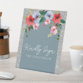 Dusty Blue Silver Glitzer Aquarell Blumenstrauch Sockelschild (In SItu)