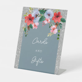 Dusty Blue Silver Glitzer Aquarell Blumenstrauch Sockelschild