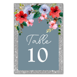 Dusty Blue Silver Glitzer Aquarell Blumenstrauch Tischnummer