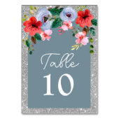 Dusty Blue Silver Glitzer Aquarell Blumenstrauch Tischnummer (Vorderseite)
