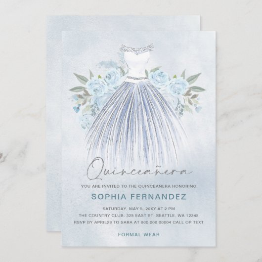 Dusty Blue Silver Glitzer Blumenkleid Quinceañera Einladung (Vorne/Hinten)