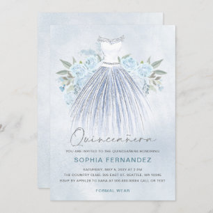 Dusty Blue Silver Glitzer Blumenkleid Quinceañera Einladung
