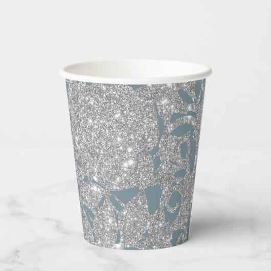 Dusty Blue Silver Glitzer Floral Pappbecher (Rückseite)