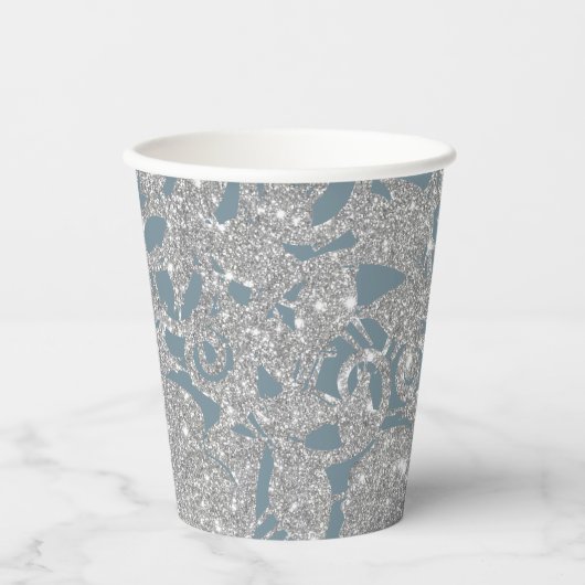 Dusty Blue Silver Glitzer Floral Pappbecher (Vorderseite)