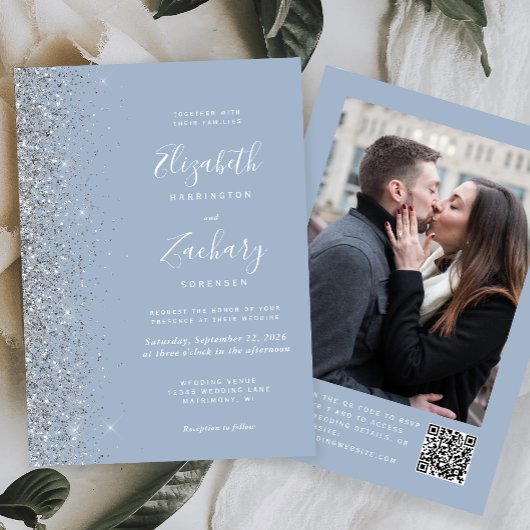 Dusty Blue Silver Glitzer Foto QR Code Hochzeit Einladung
