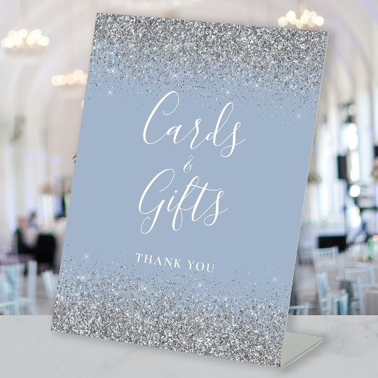 Dusty Blue Silver Glitzer Hochzeitkarten und Gesch Sockelschild