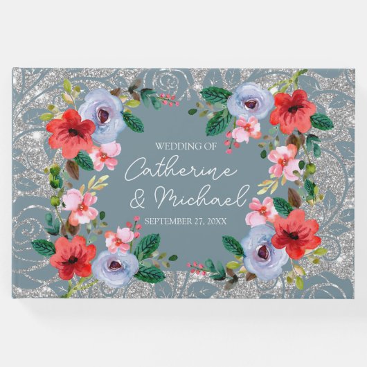 Dusty Blue Silver Glitzer Wasserfarben Gästebuch (Vorderseite)