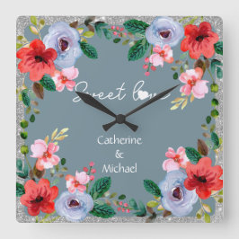 Dusty Blue Silver Glitzer Wasserfarben Quadratische Wanduhr