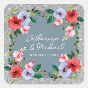Dusty Blue Silver Glitzer Wasserfarben Quadratischer Aufkleber