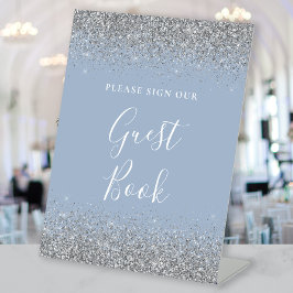Dusty Blue Silver Glitzer Wedding Guest Book Sockelschild