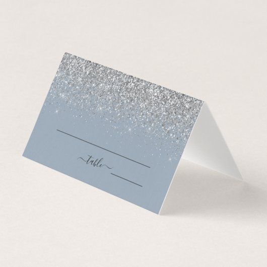 Dusty Blue & Silver Glitzer Wedding Platzkarte (Vorderseite)