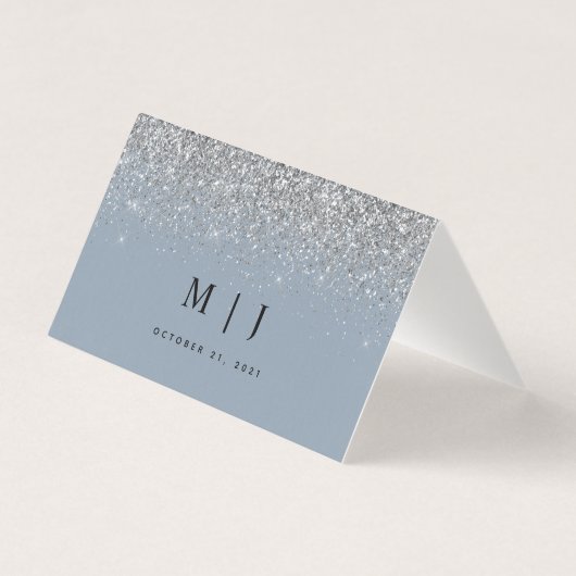 Dusty Blue & Silver Glitzer Wedding Platzkarte (Rückseite)