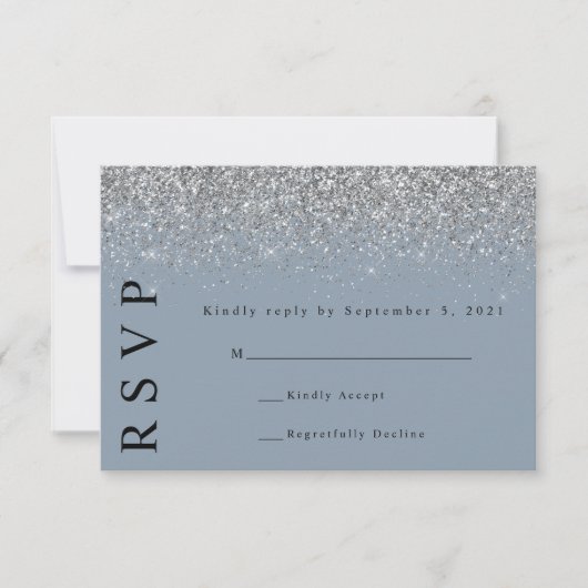 Dusty Blue & Silver Glitzer Wedding RSVP Card (Vorderseite)