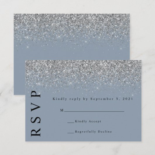 Dusty Blue & Silver Glitzer Wedding RSVP Card Karte (Vorne/Hinten)