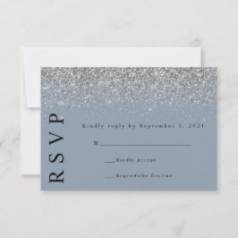 Dusty Blue & Silver Glitzer Wedding RSVP Card Karte
