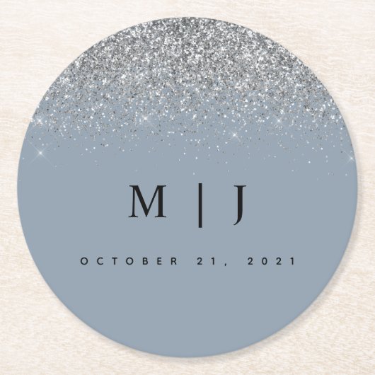 Dusty Blue & Silver Glitzer Wedding Runder Pappuntersetzer (Vorderseite)