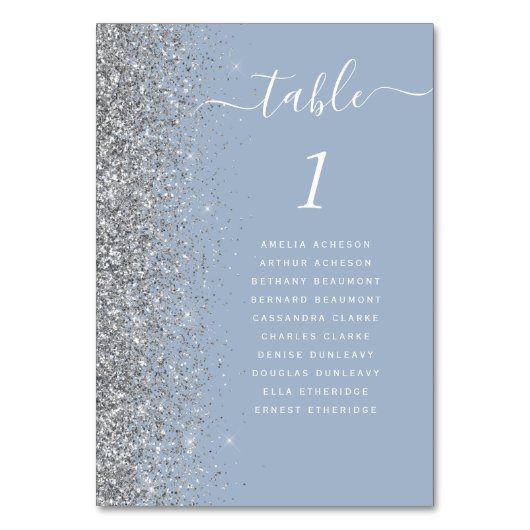 Dusty Blue Silver Glitzer Wedding Tischnummer (Vorderseite)