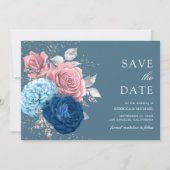 Dusty Blue Silver Pink Floral Wedding Save The Date (Vorderseite)