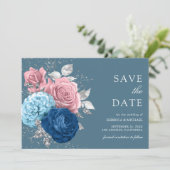 Dusty Blue Silver Pink Floral Wedding Save The Date (Stehend Vorderseite)