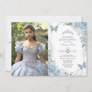 Dusty Blue Silver Quinceañera Butterfly Foto Einladung