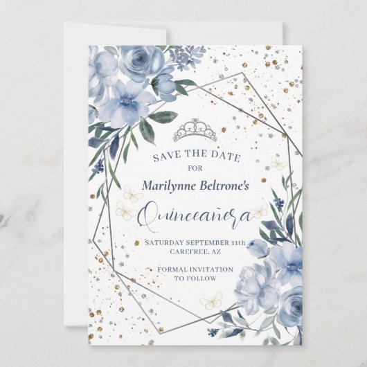 Dusty Blue Silver Quinceañera Save The Date (Vorderseite)