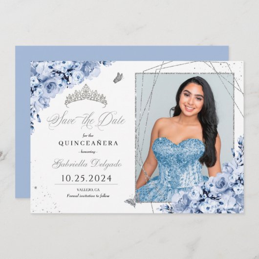 Dusty Blue Silver Quinceañera Save the Date Foto Einladung (Vorne/Hinten)