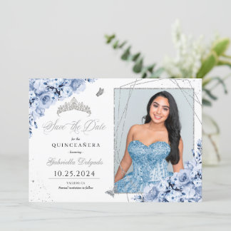 Dusty Blue Silver Quinceañera Save the Date Foto Einladung