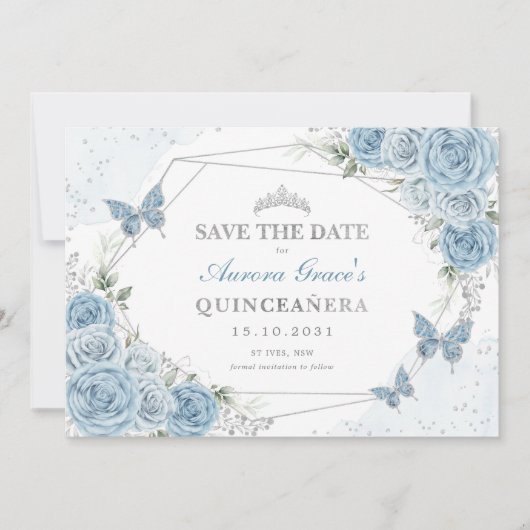 Dusty Blue Silver Rose Quinceanera Save the Date Ankündigung (Vorderseite)