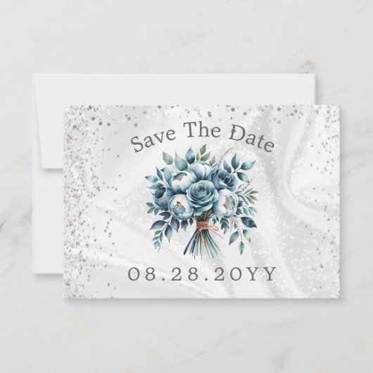 Dusty Blue Silver Rose Save the Date Card (Vorderseite)